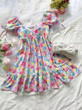 Mini Dress Spring Summer Women Colorful Floral Print Square Neck Puff Sleeve Ruffle Hem Loose Casual Vacation Beach Date Dress